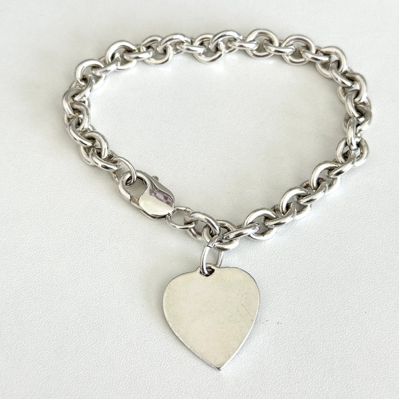 999 Pure Silver Heart Tag Charm Cable Link Ladies Bracelet 7.5" - Picture 1 of 9